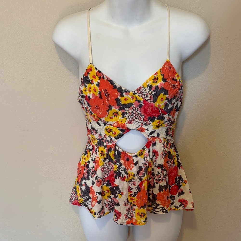 Free People Floral Cutout Spaghetti Strap Top - Cream, Orange & Yellow